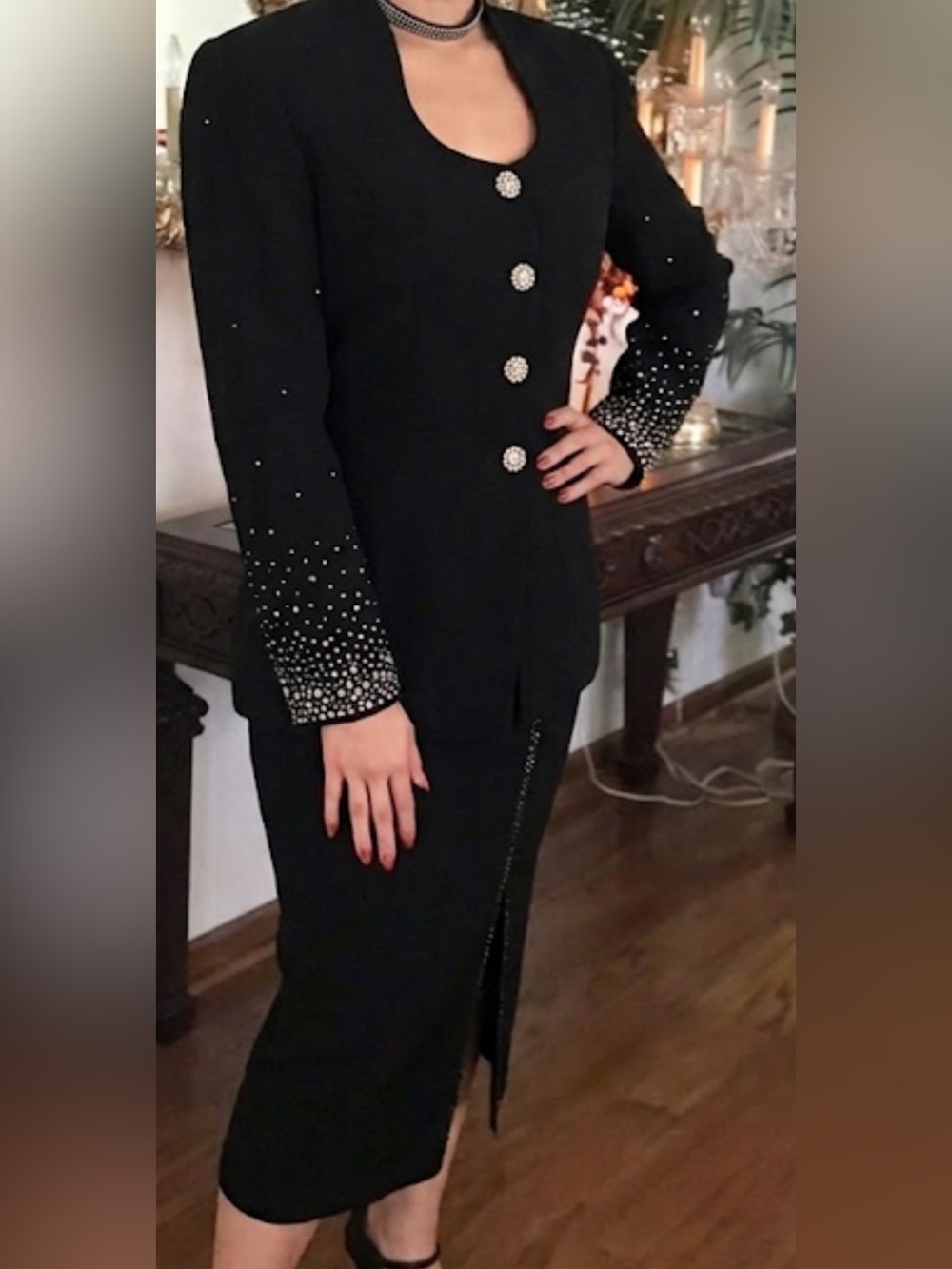 SOLINI 3PC quiet Luxury black First Lady Skirt Suit w Rhinestones Plus SZ 24 - Picture 12 of 13